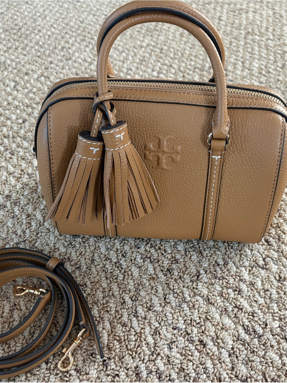 Tory Burch Caramel Pebbled Leather Satchel with Tassel